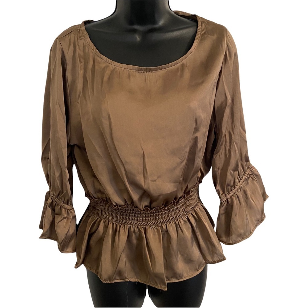 Buckle ANGIE brown tan 3/4 sleeve chiffon peplum top blouse size large NEW